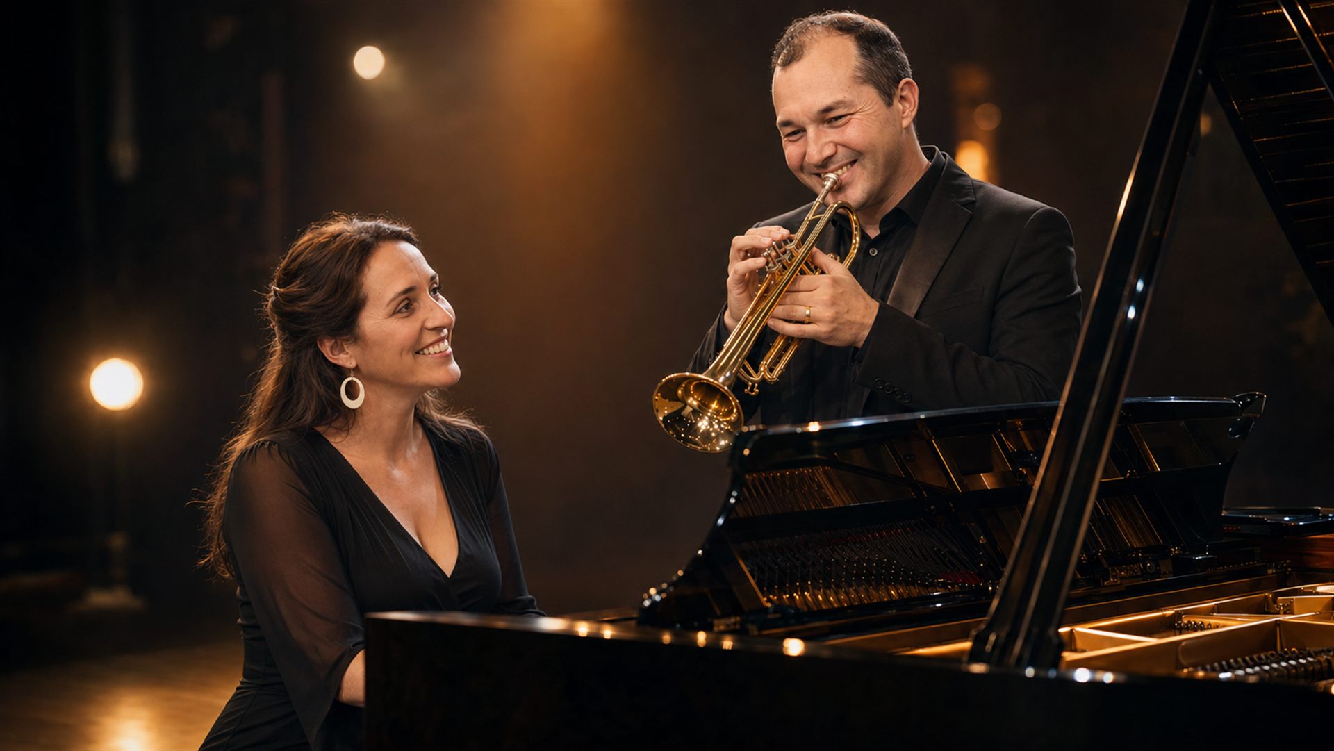 Mélanie Adler au piano et Laurent Jammes à la trompette, complices sur scène dans une lumière dorée